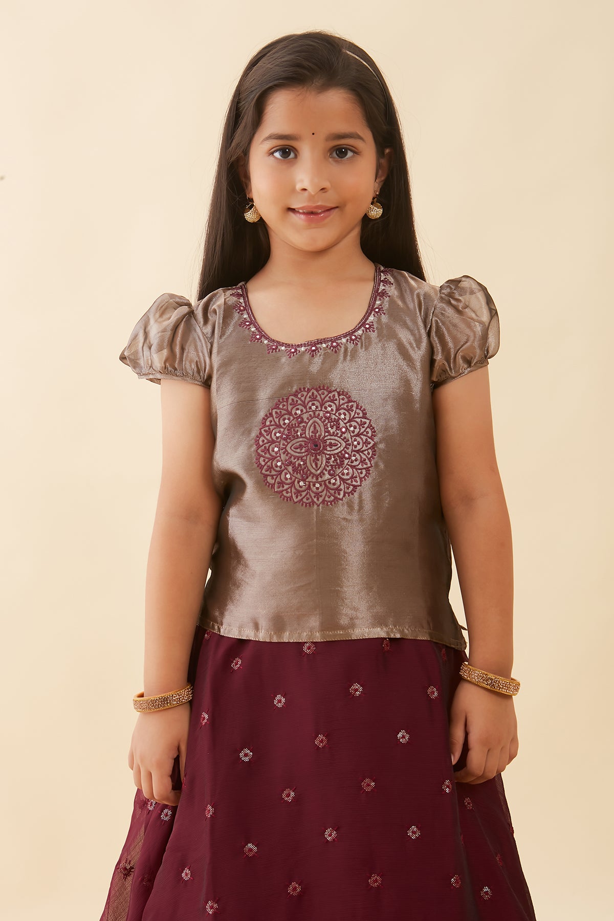 Contemporary Mandala Embroidered Top With Sequins Kids Skirt Set Grey