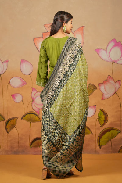 Allover Floral Weave With Mirror Sequin Embroidered Kurta Set With Brocade Dupatta Green