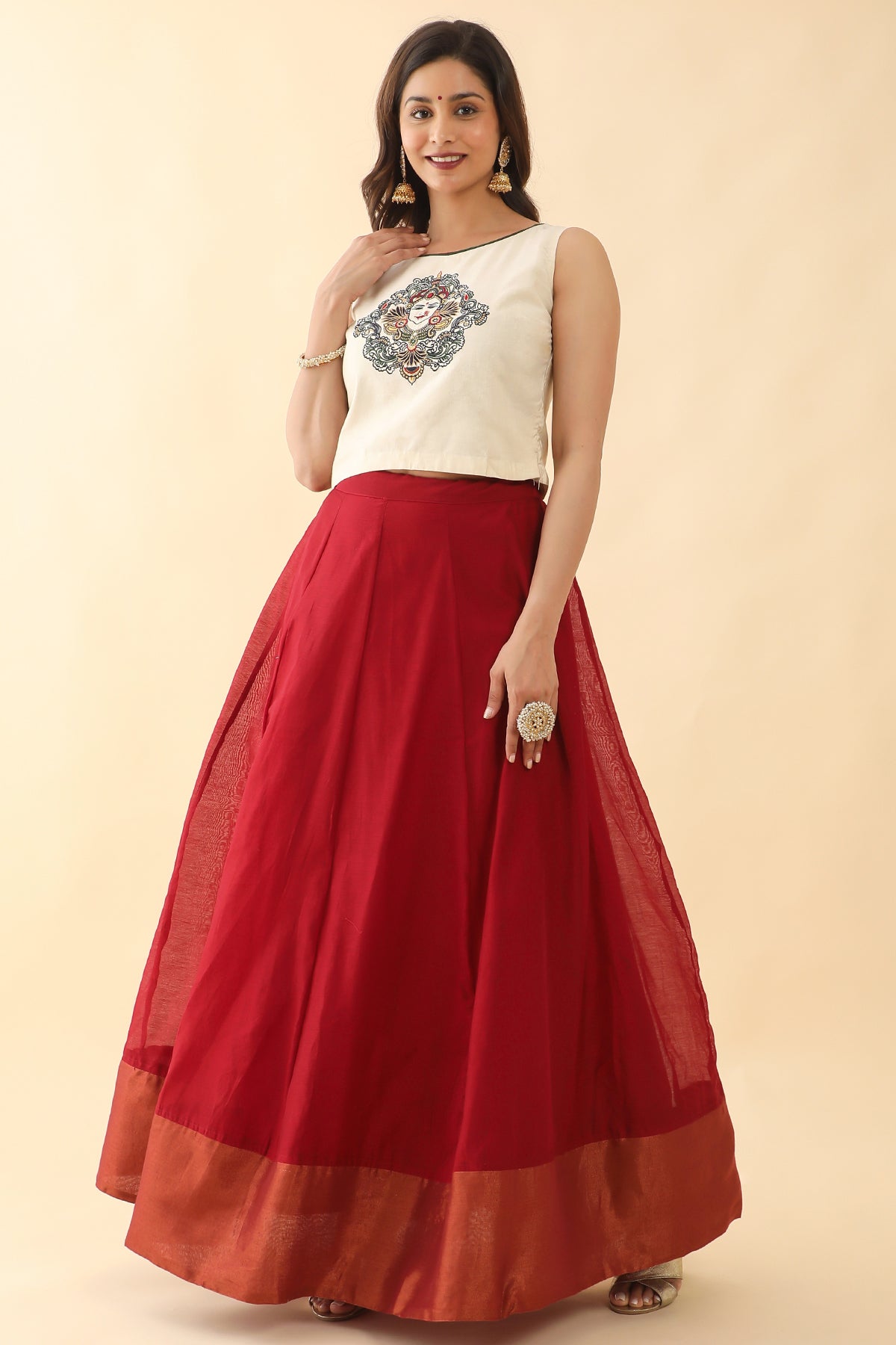 Mural Placement Printed Crop Top Solid Skirt Set White Red