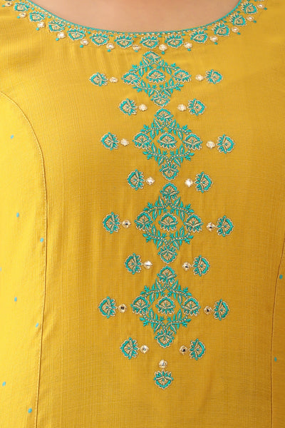 Contrast Floral Embroidered With Foil Mirror Embellished Kurta Yellow