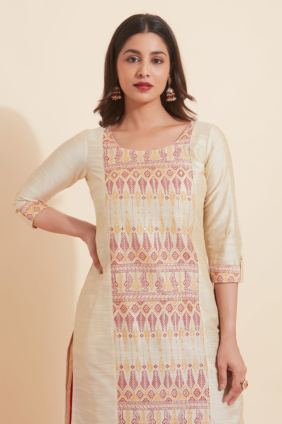 Ikkat Printed With Foil Mirror Embellished Kurta Beige