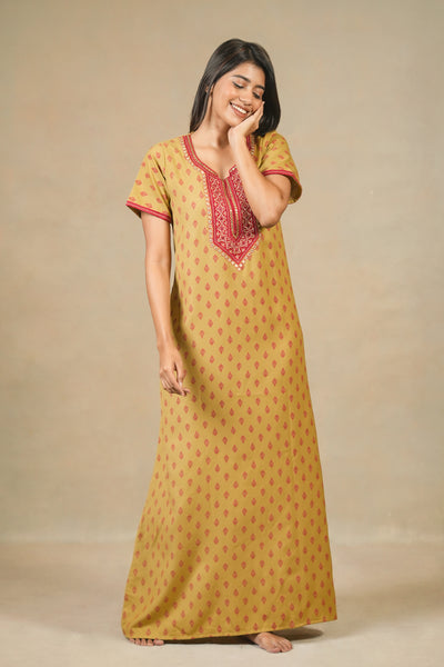 Floral Embroidered With Mirror Embellished Yoke With Printed Nighty Mustard