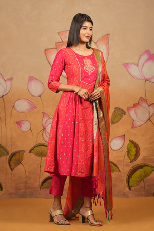 Paisley Embroidered Printed A Line Kurta Set Pink