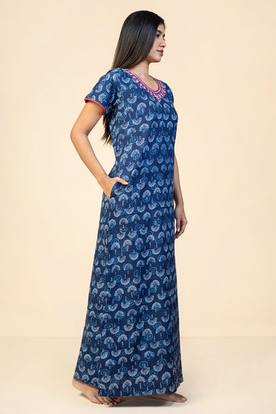 All Over Block Printed With Floral Embroidered Nighty - Blue