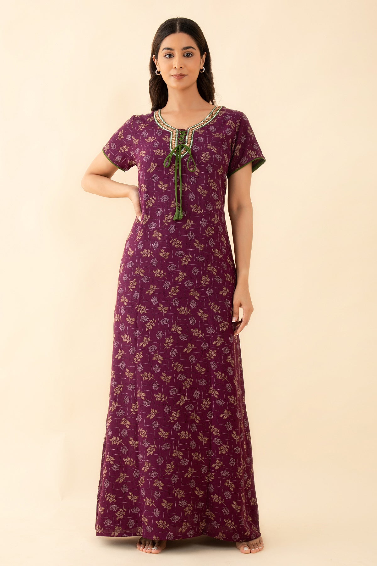 All Over Floral Print With Embroidered Yoke Nighty - Purple