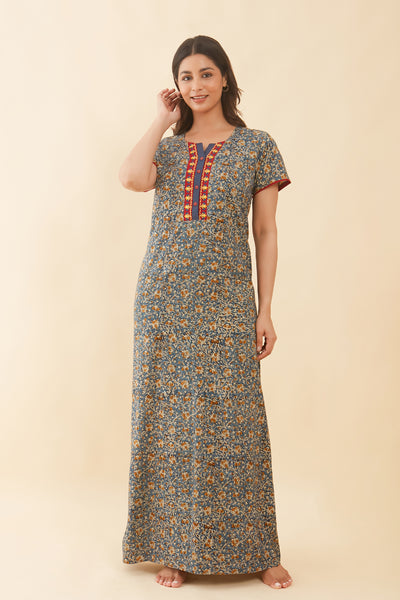 Kalamkari Printed With Floral Embroidered Nighty - Blue