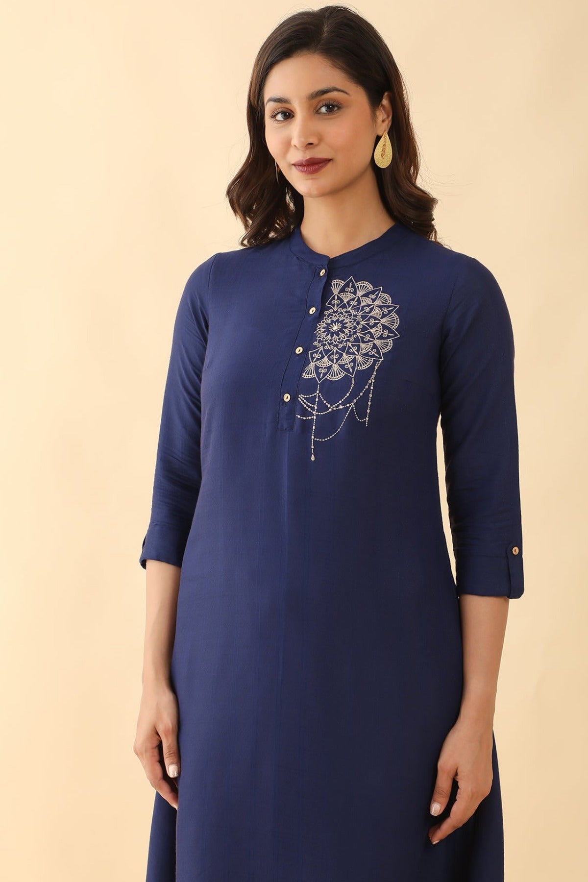 Contemporary Mandala Embroidered Asymmetrical Kurta Blue