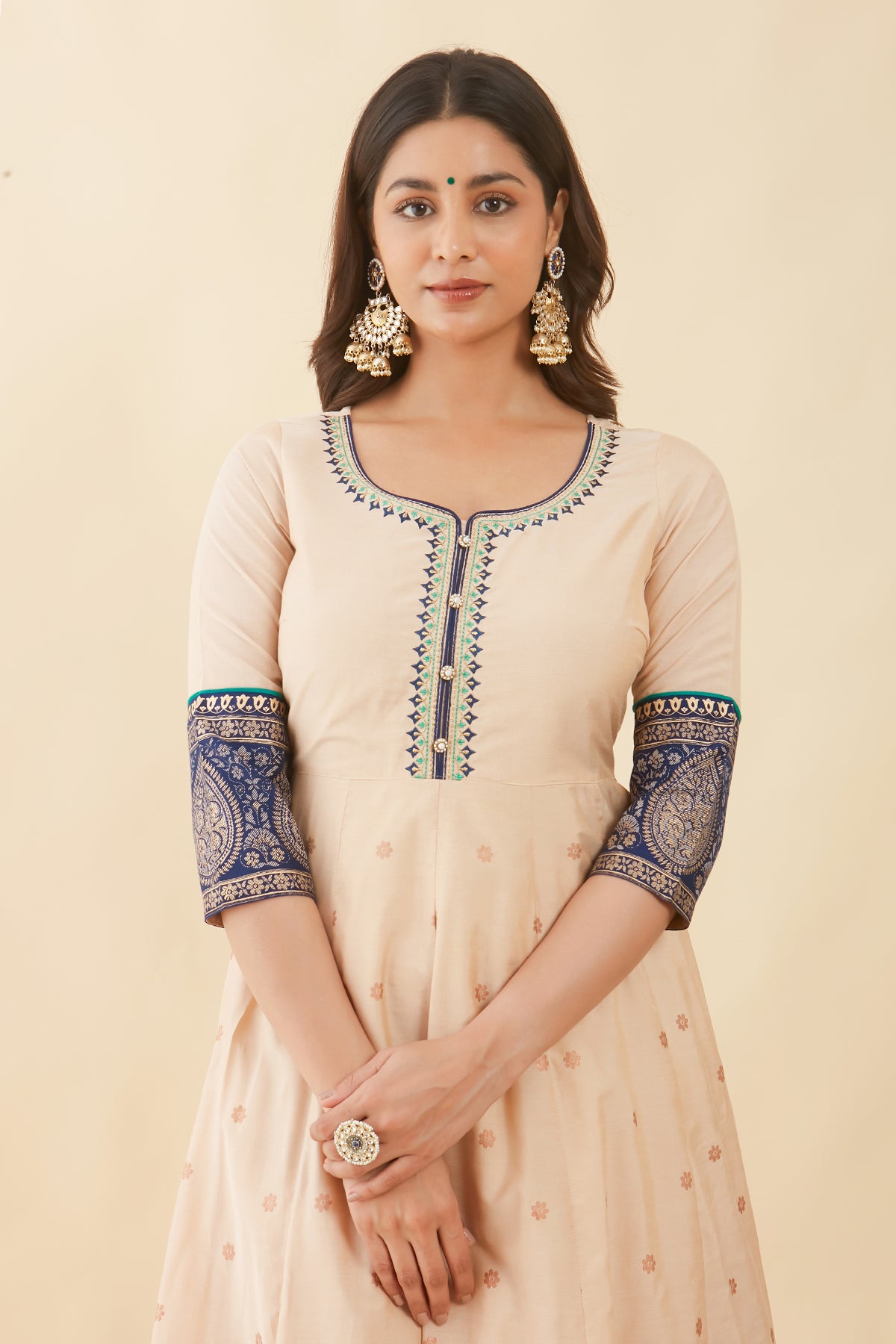 Floral Embroidered Neckline With Printed Anarkali Beige