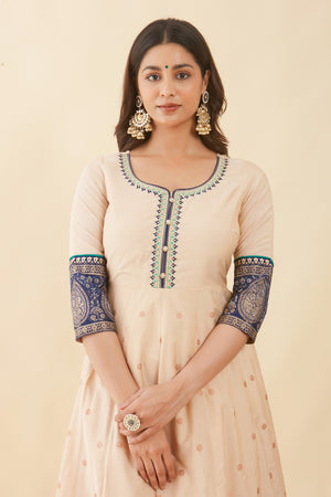 Floral Embroidered Neckline With Printed Anarkali Beige