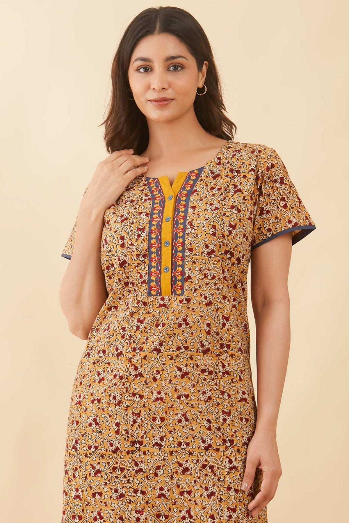 Kalamkari Printed With Floral Embroidered Nighty - Yellow