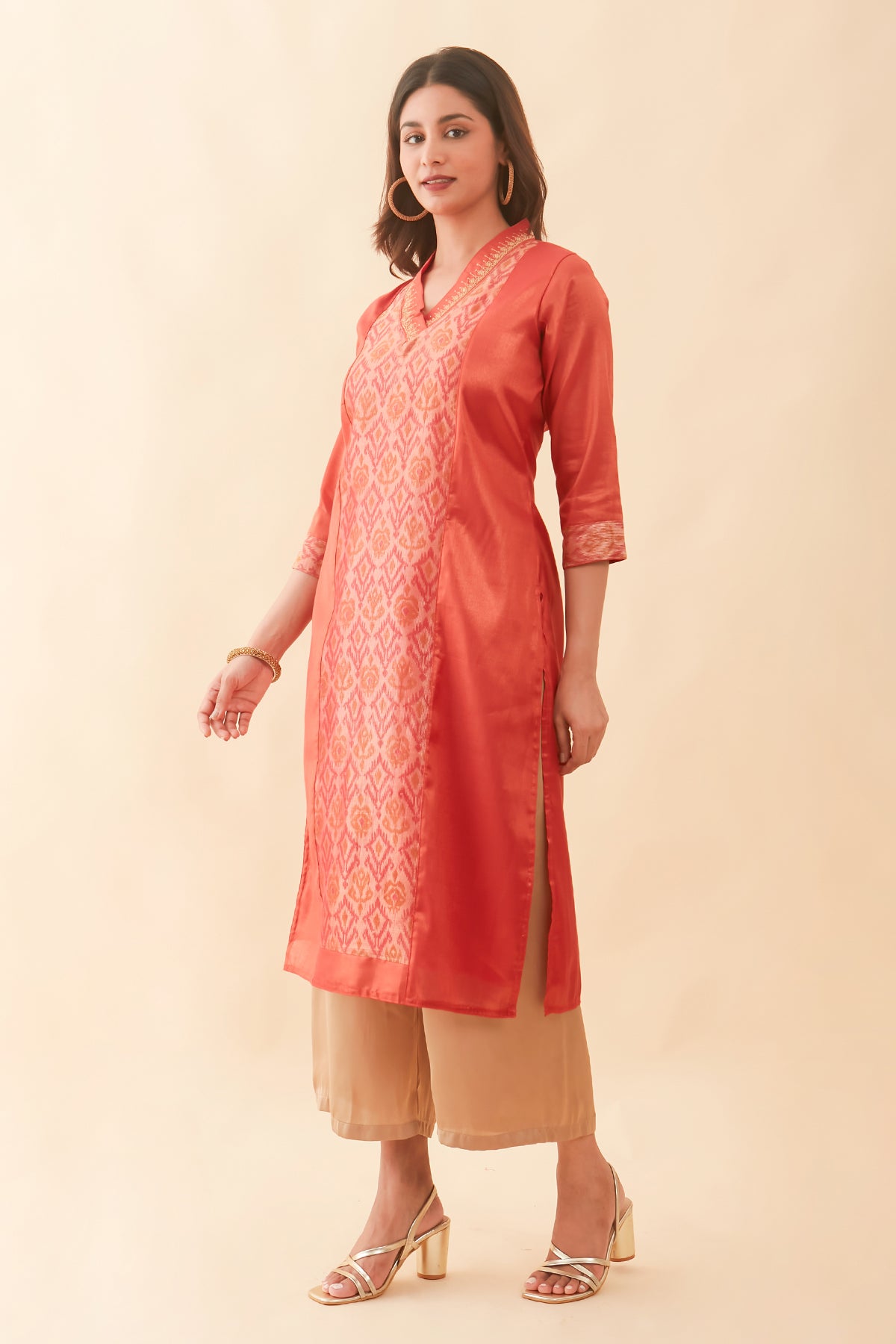 Ikkat Printed With Floral Embroidered Kurta - Orange