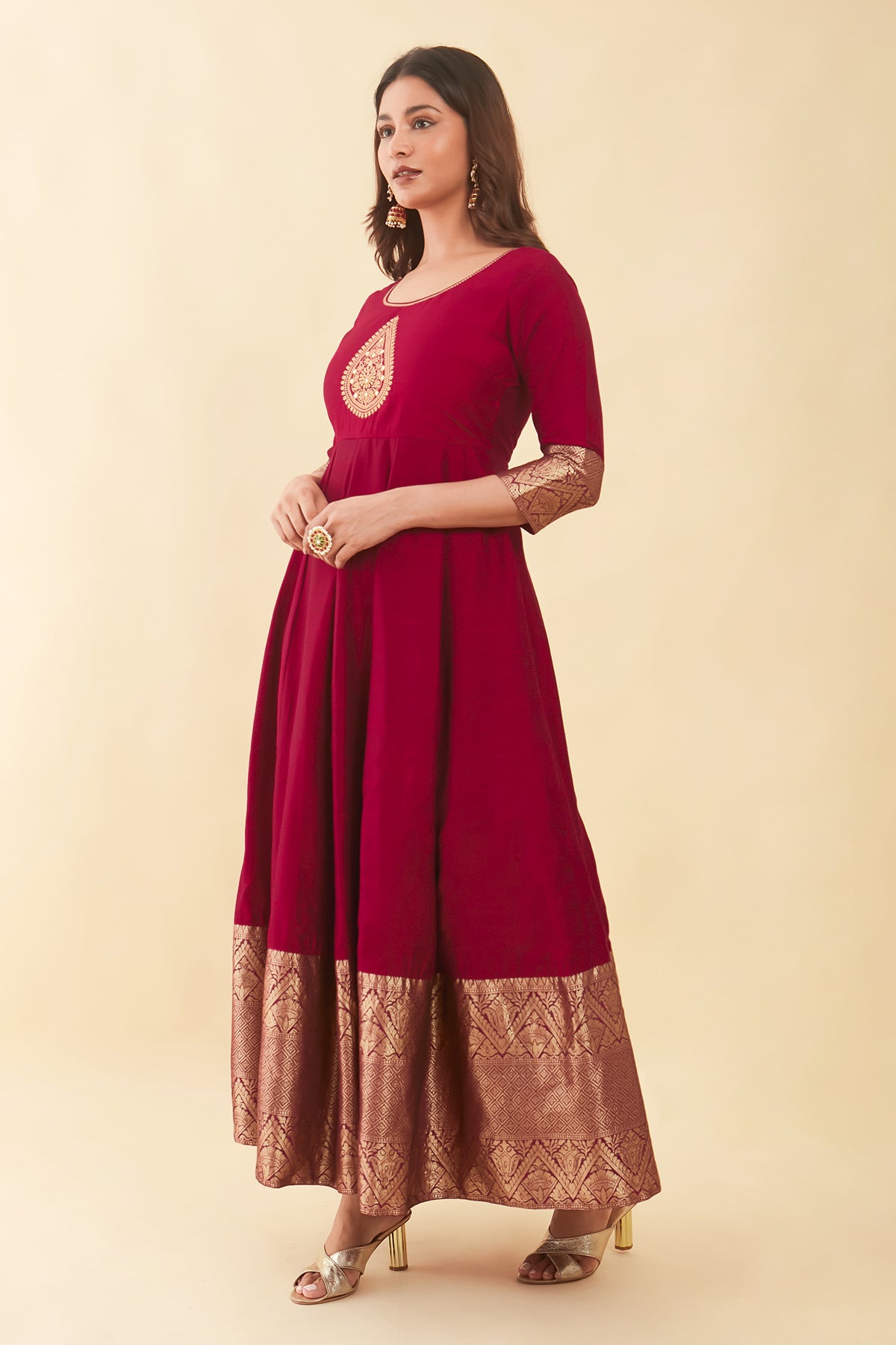 Thilagam Motif Embroidered With Gold Zari Border Anarkali Maroon