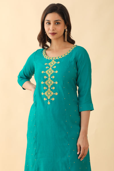 Contrast Floral Embroidered With Foil Mirror Embellished Kurta - Blue