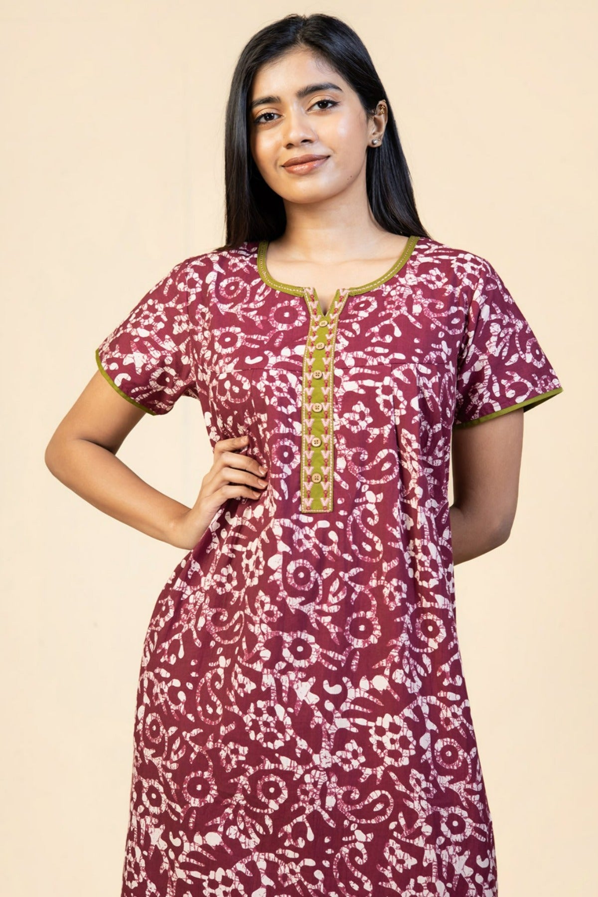 All Over Batik Printed with Embroidered Yoke - Magenta