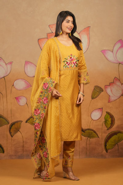 Sequin Floral Embroidered Yoke Kurta Set With Embroidered Laced Organza Dupatta Mustard