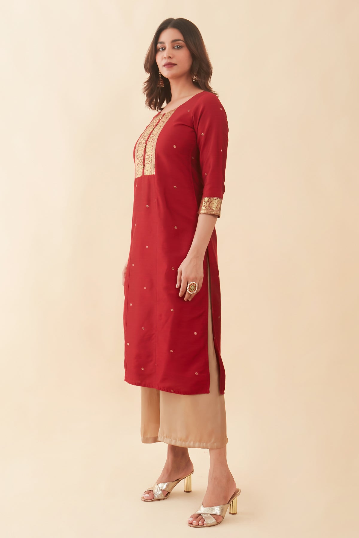 All Over Floral Printed Zari Patchwork Kurta - Red