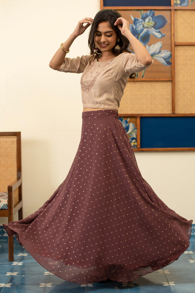 Floral Motif Embroidered Crop Top & All Over Sequin Skirt Set - Beige & Brown