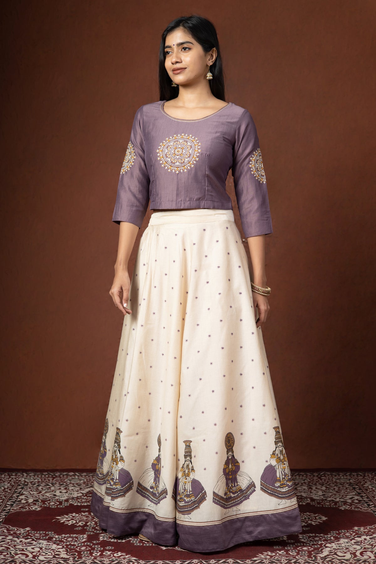 Mandala Motif Placement Embroidered Crop Top & Kathakali Motif Printed Skirt Set - Purple & Off-White