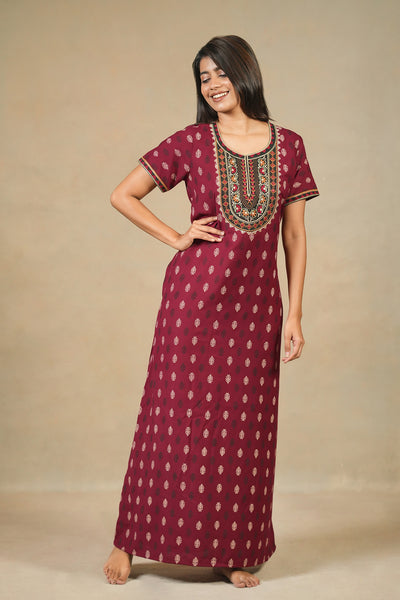 Floral Embroidered Yoke & Printed Nighty - Maroon