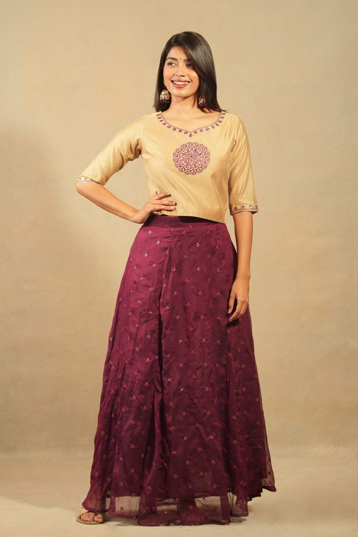 Mandala Placement Top With All Over Sequins Skirt Set Beige Burgundy