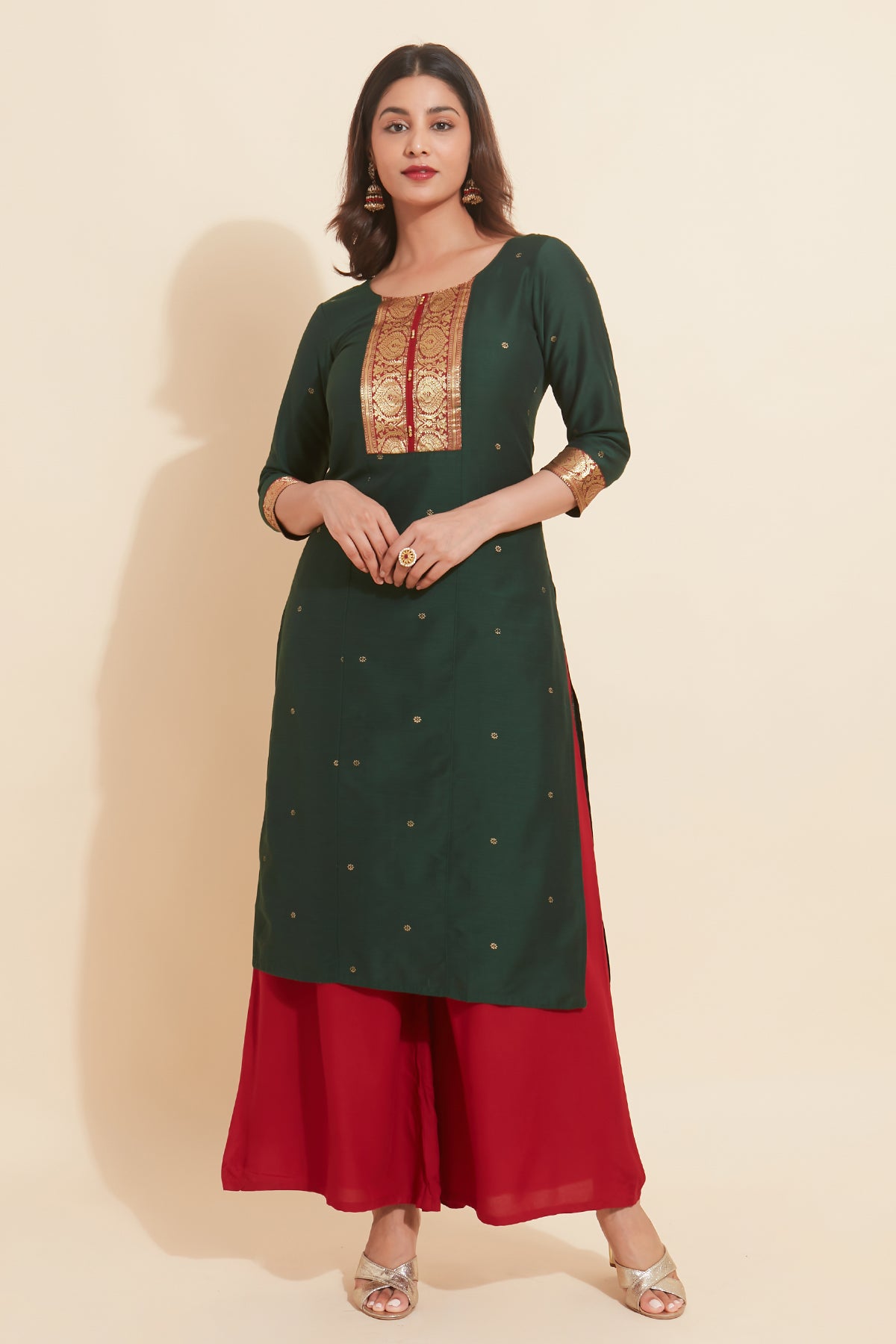 All Over Floral Printed Zari Patchwork Kurta - Green