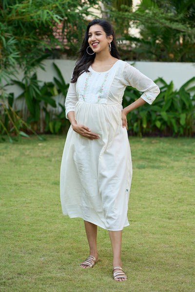 Breezy A Line Maternity Kurta with Embroidery Lace Embellishment Off White
