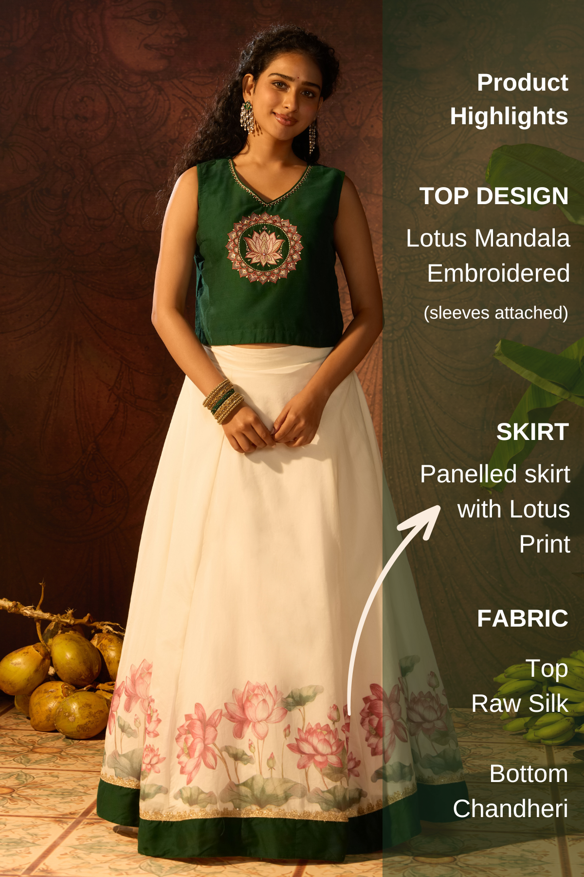 Lotus Printed Green & offWhite Skirtset with Mandala Embroidered Top