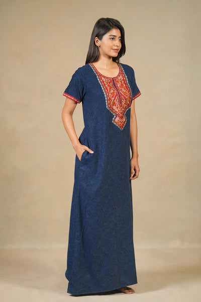 Geometric Embroidered Yoke With Floral Printed Nighty - Blue