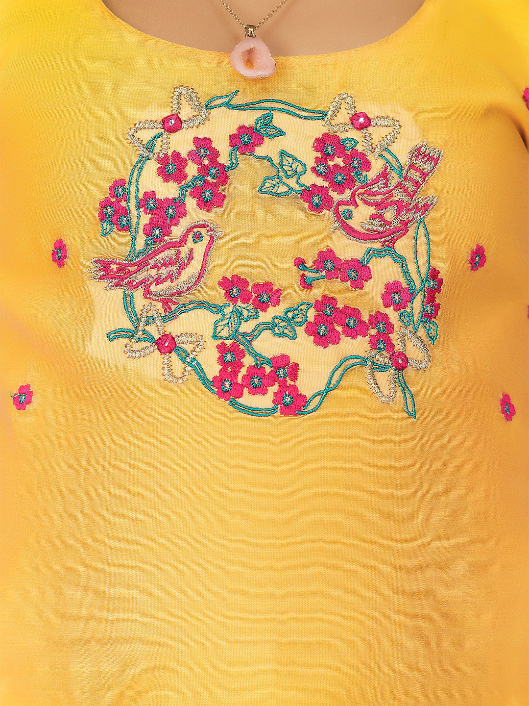 Bird Garland Embroidered Sleeveless Top & Chevron Printed Skirt Set - Yellow & Pink