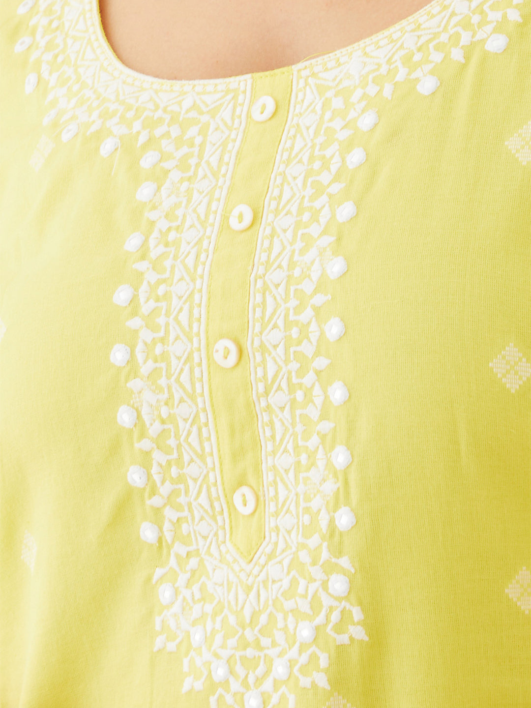 Foil Mirror Embellished With Geometric Embroidery & Dobby Weave Kurta - Yellow