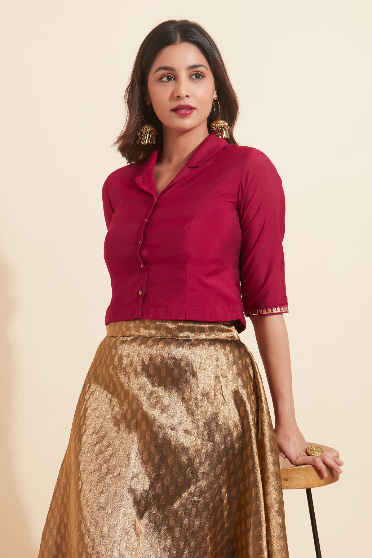 Solid Collar Shirt Style Crop Top & Paisley Brocade Skirt Set