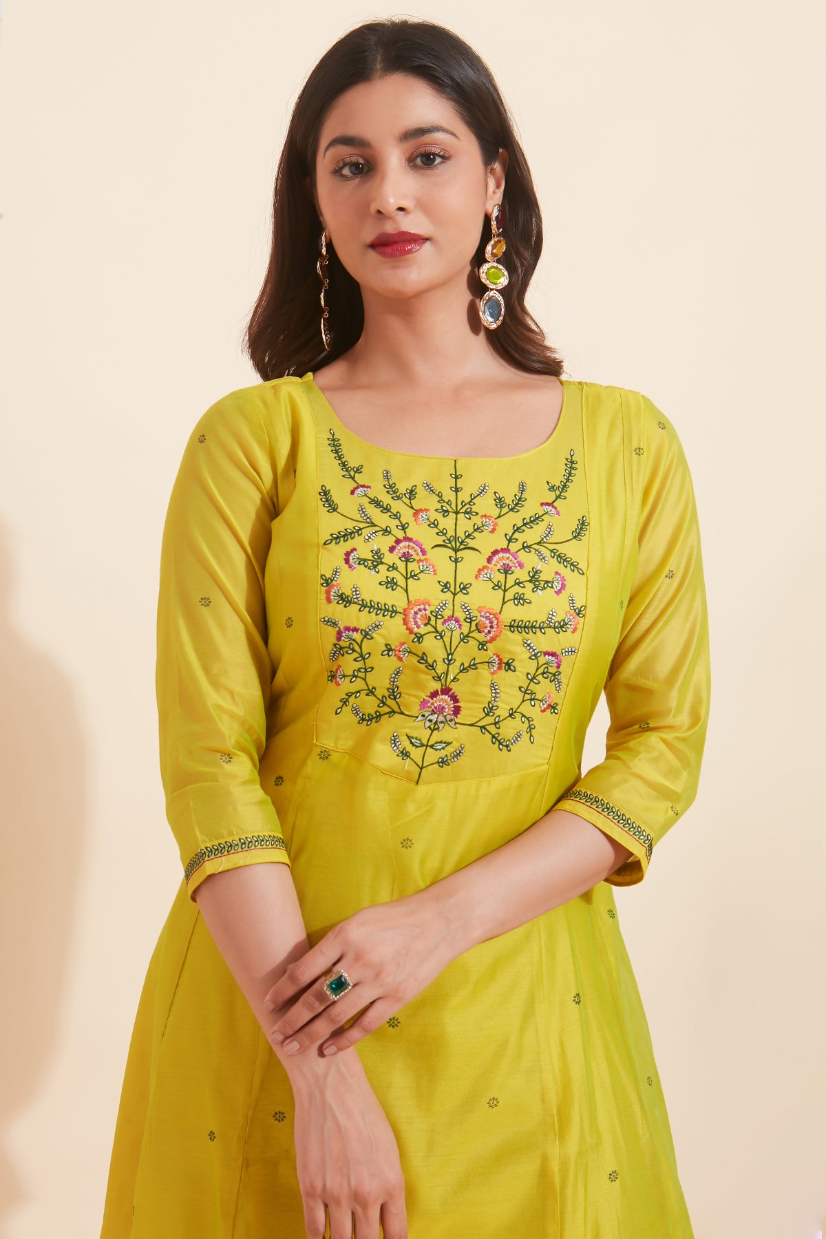 Floral Embroidered With Brocade Dupatta - Yellow & Green