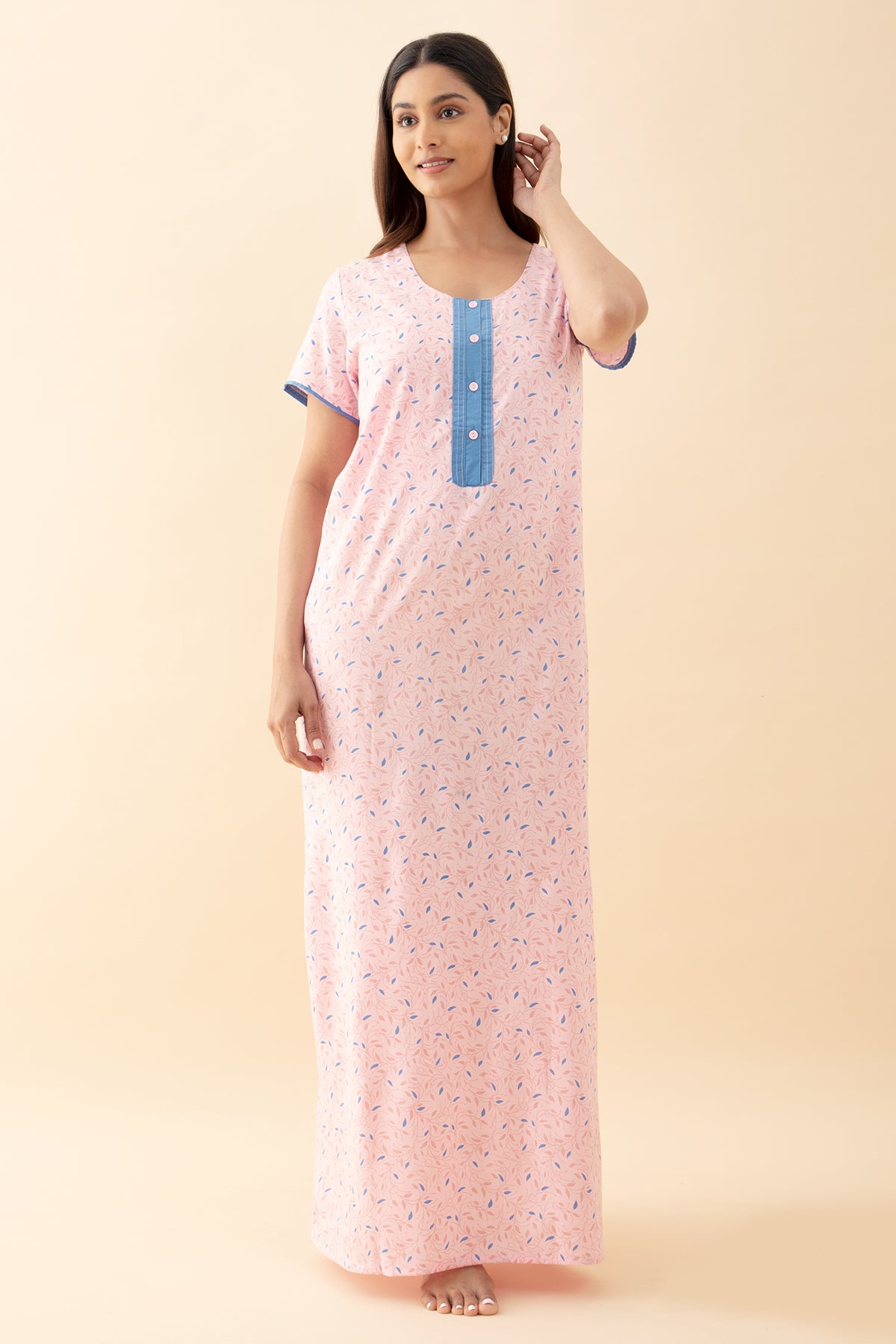 Floral Printed Nighty with Contrast Yoke - Pink