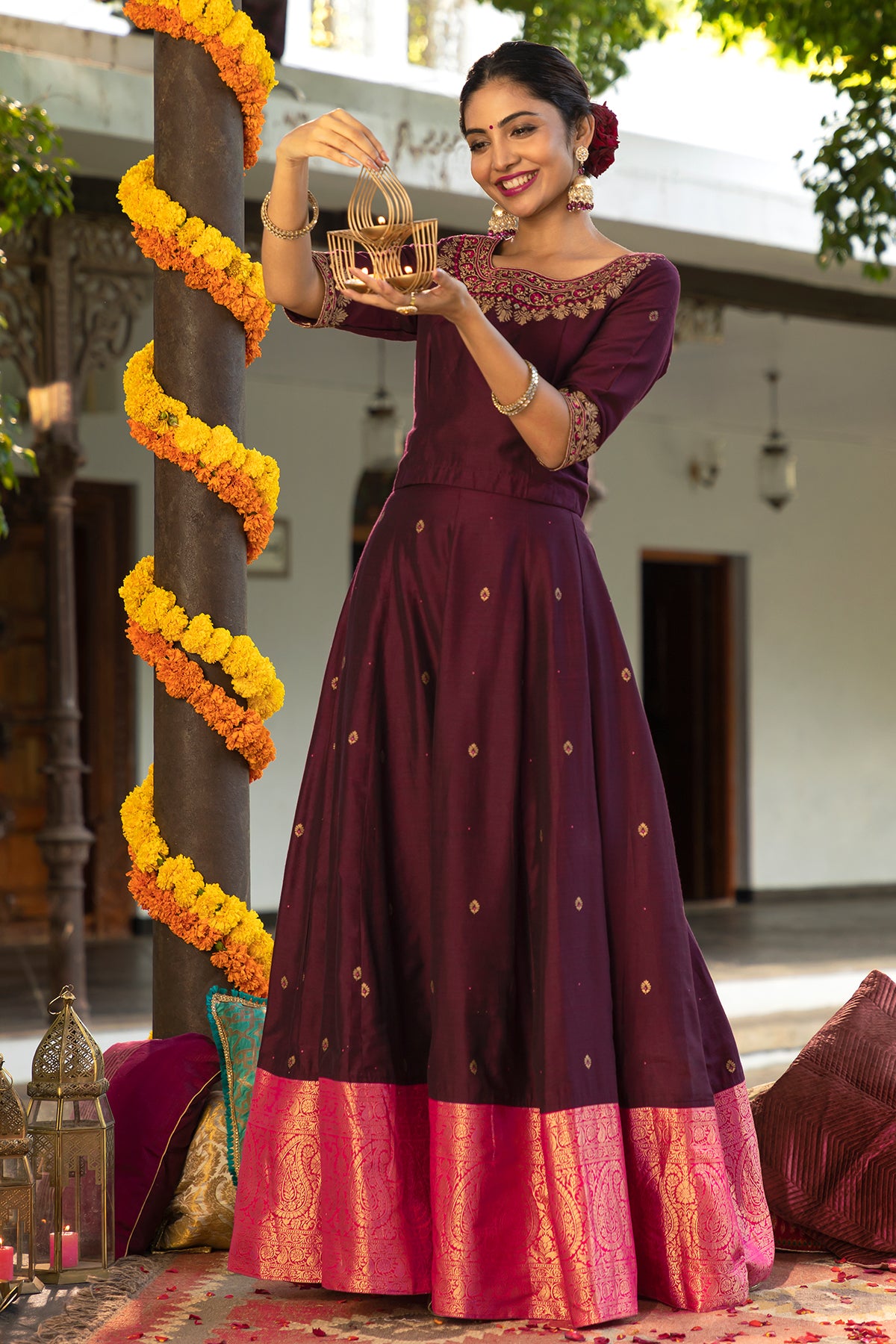 Floral Embroidered Neckline Top With Silk Zari Border Skirt Set - Burgundy