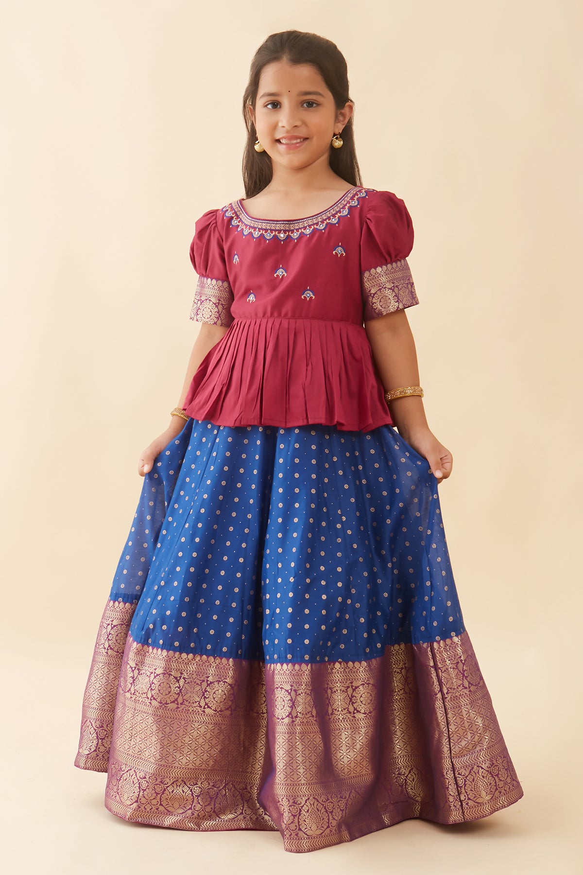 Jewel Inspired Embroidered Neckline Top & Floral Printed With Zari Border Kids Skirt Set - Pink & Blue