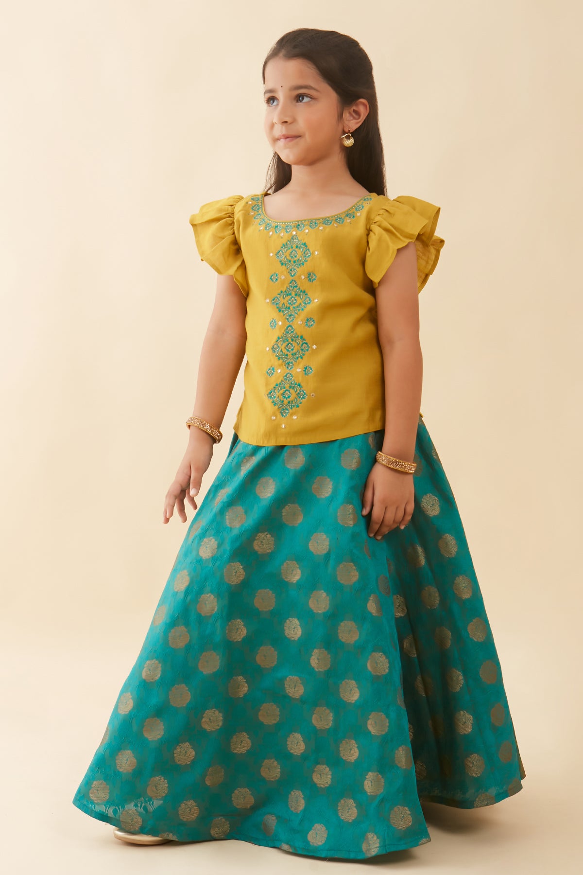 Brocade Skirt With Contrast Floral Embroidered Kids Skirt Set - Mustard & Green