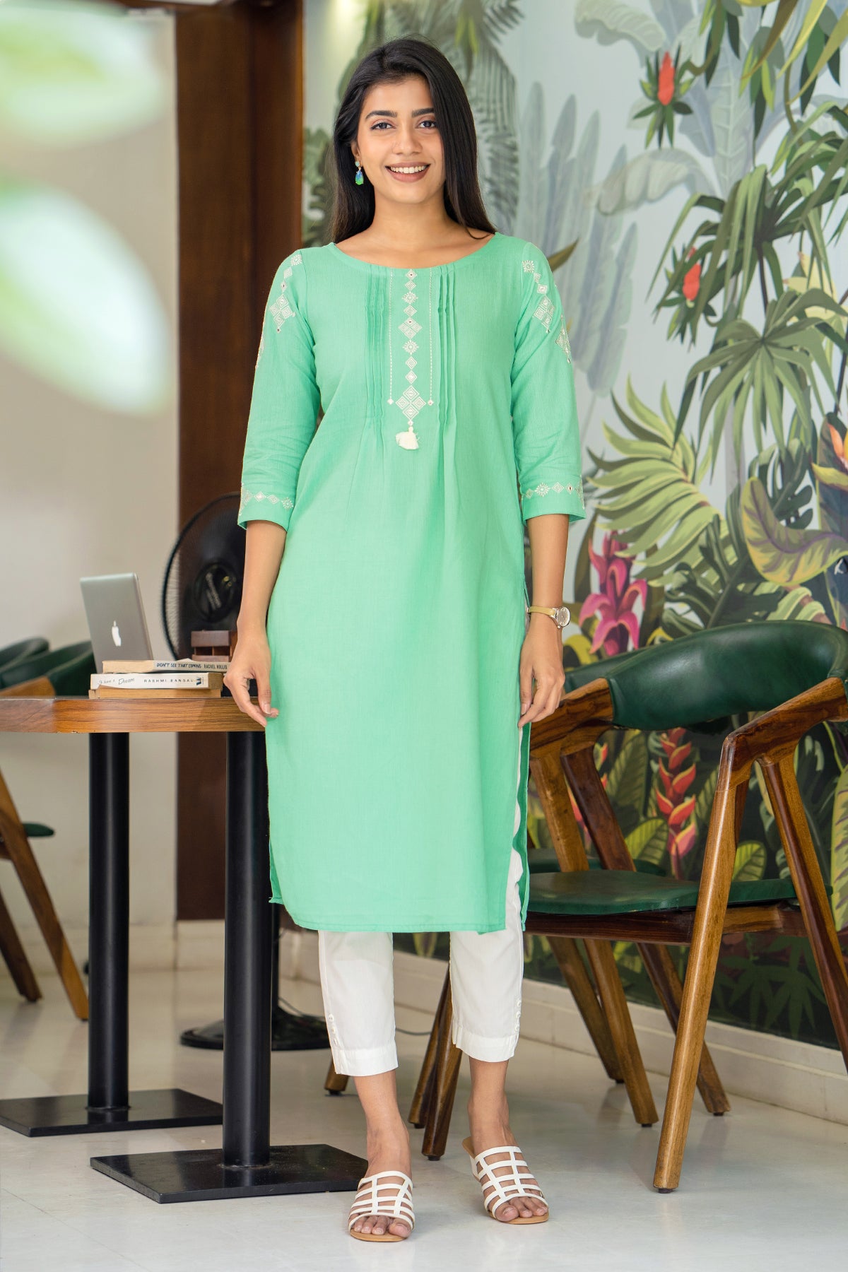 Foil Mirror Embellished With Geometric Embroidered Kurta Green