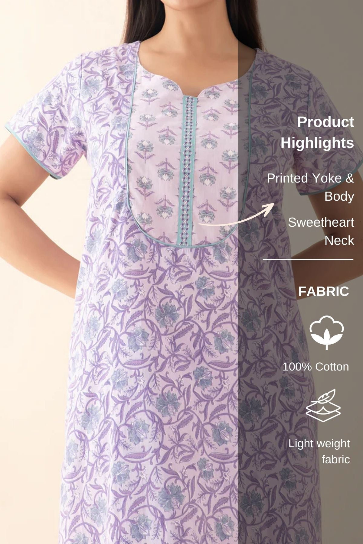 Floral Printed & Embroidered Nighty - Purple