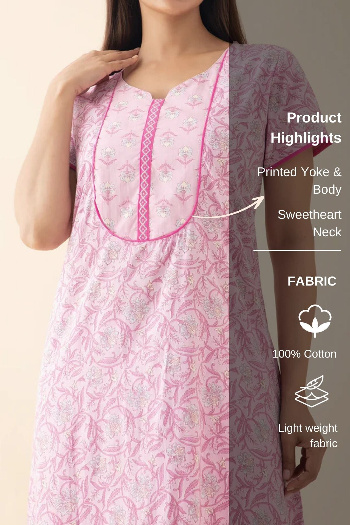 Floral Printed & Embroidered Nighty - Pink