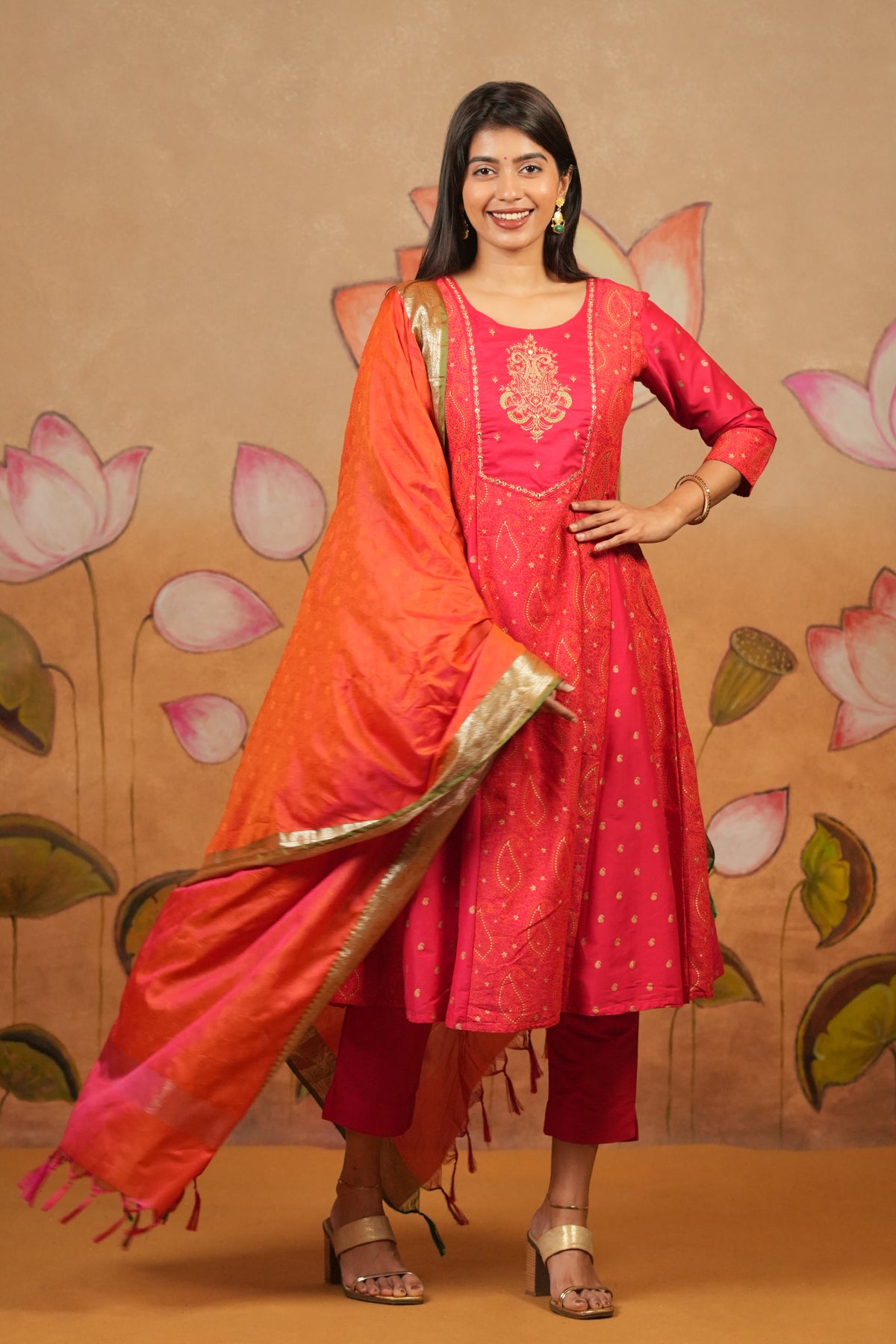 Paisley Embroidered Printed A Line Kurta Set Pink