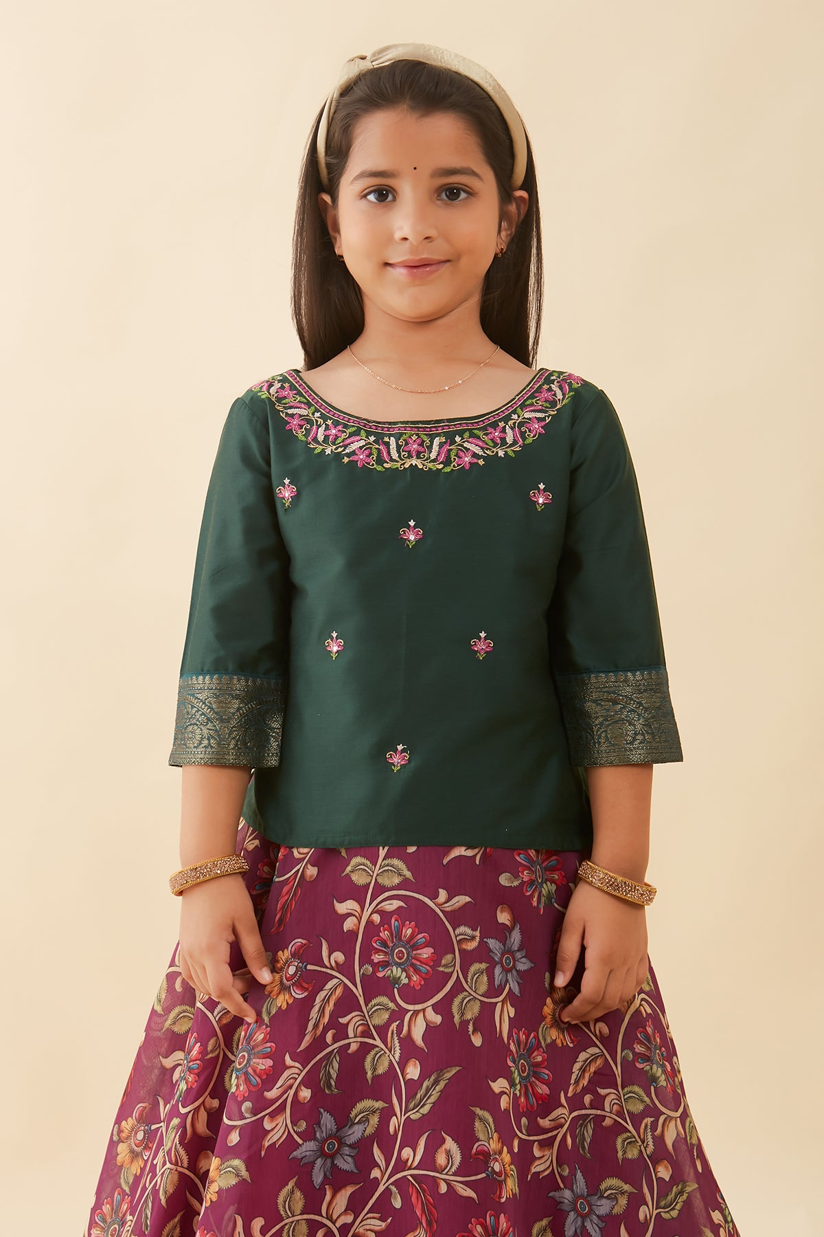 Floral Embroidered Printed With Zari Border Kids Skirt Set Green Purple