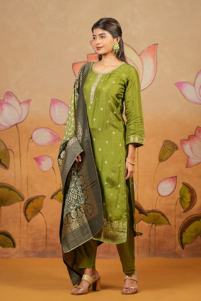 Allover Floral Weave With Mirror Sequin Embroidered Kurta Set With Brocade Dupatta Green