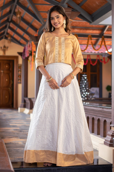 Floral Motif Embroidered With Sequin Crop Top &  Vallam Kali Printed Skirt Set - Gold & Off-White