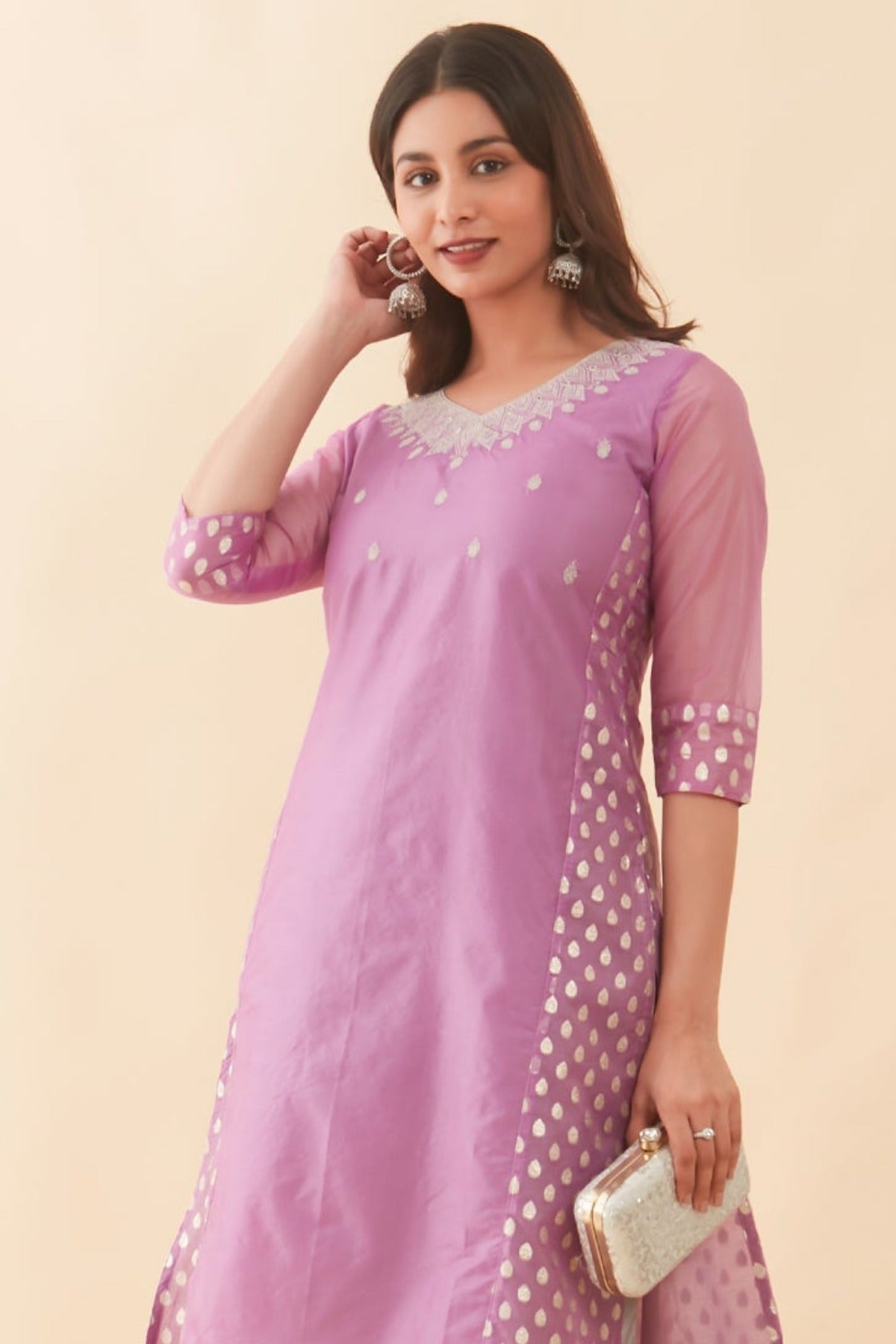 Jewel Embroidered Neckline With Brocade Panelled Kurta Purple