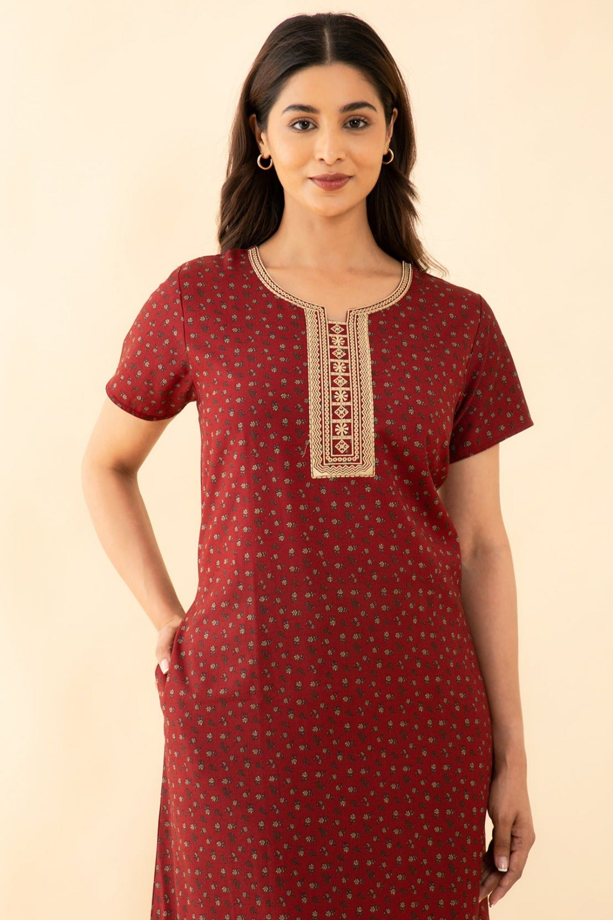 All Over Floral Print With Geometric Embroidered Yoke Nighty - Maroon