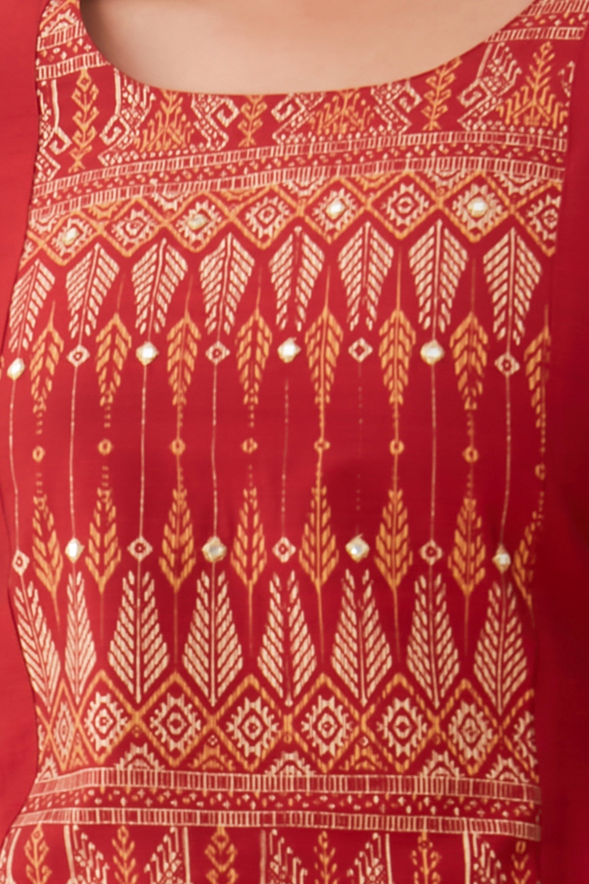 Ikkat Printed With Foil Mirror Embellished Kurta Red