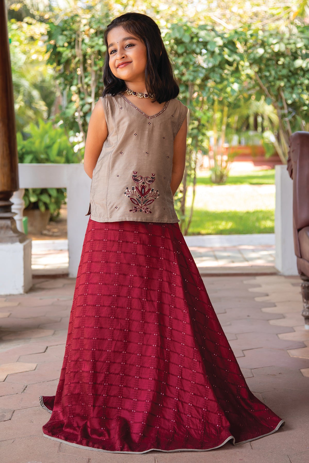 Floral Placement Embroidered Sleeveless Top Sequence Embellished Skirt Set Beige Maroon