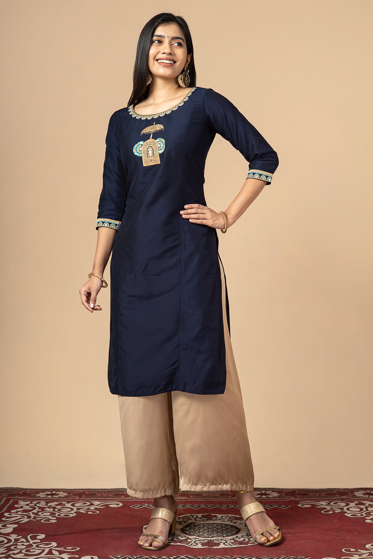 Geometric Motif Embroidered Placement Kurta Navy