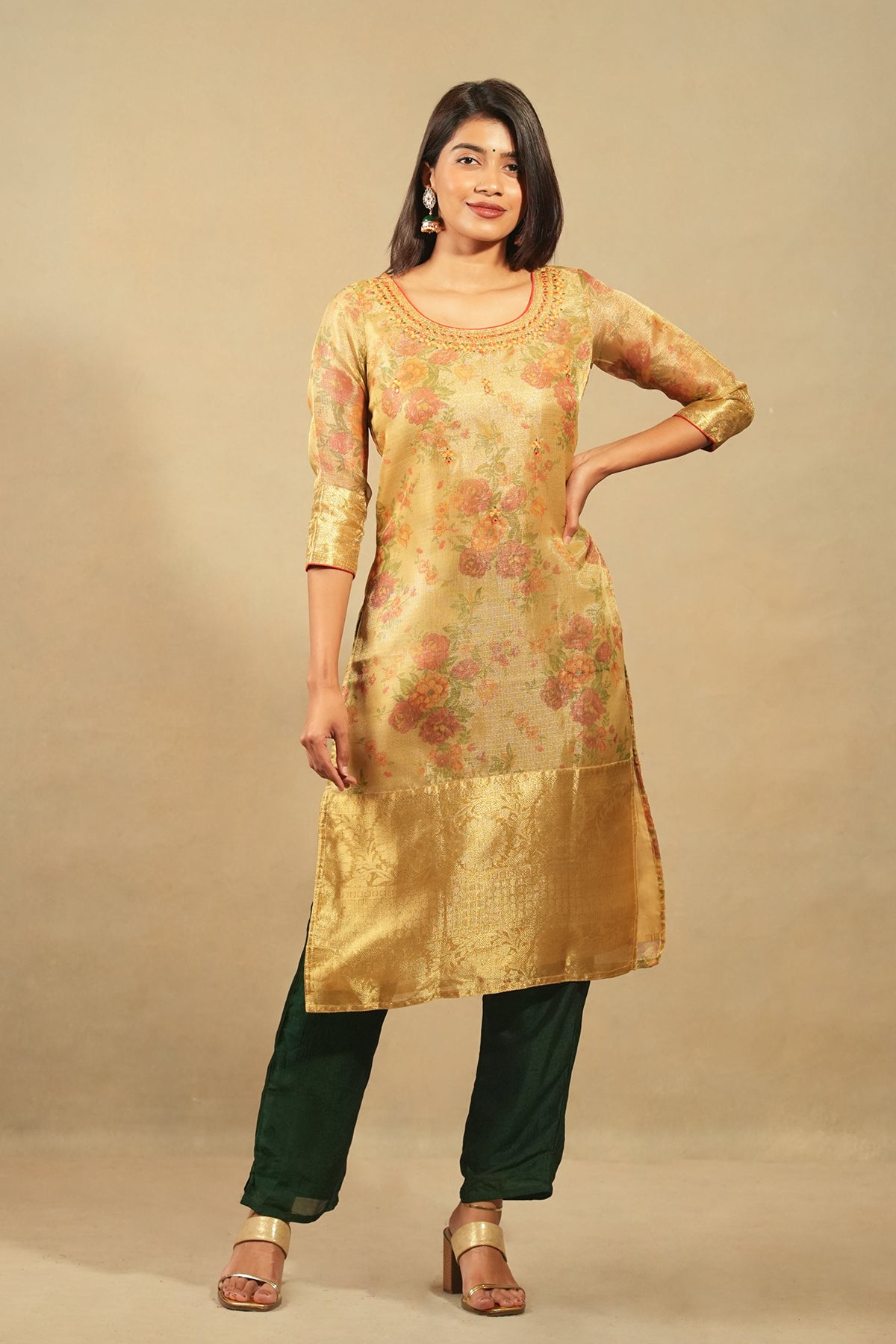 Floral Printed With Zari Border Kurta Mustard