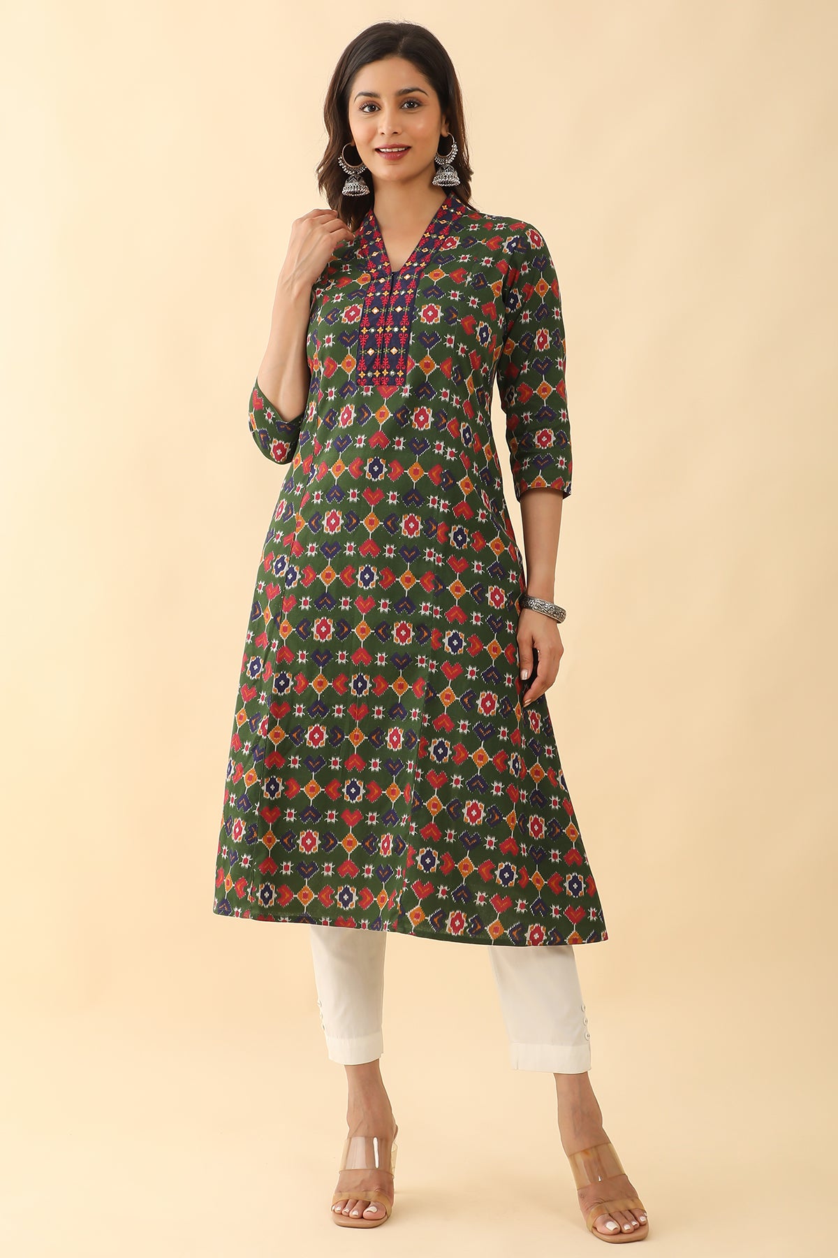 All Over Geometric Printed With Foil Mirror Embroidered Kurta - Green